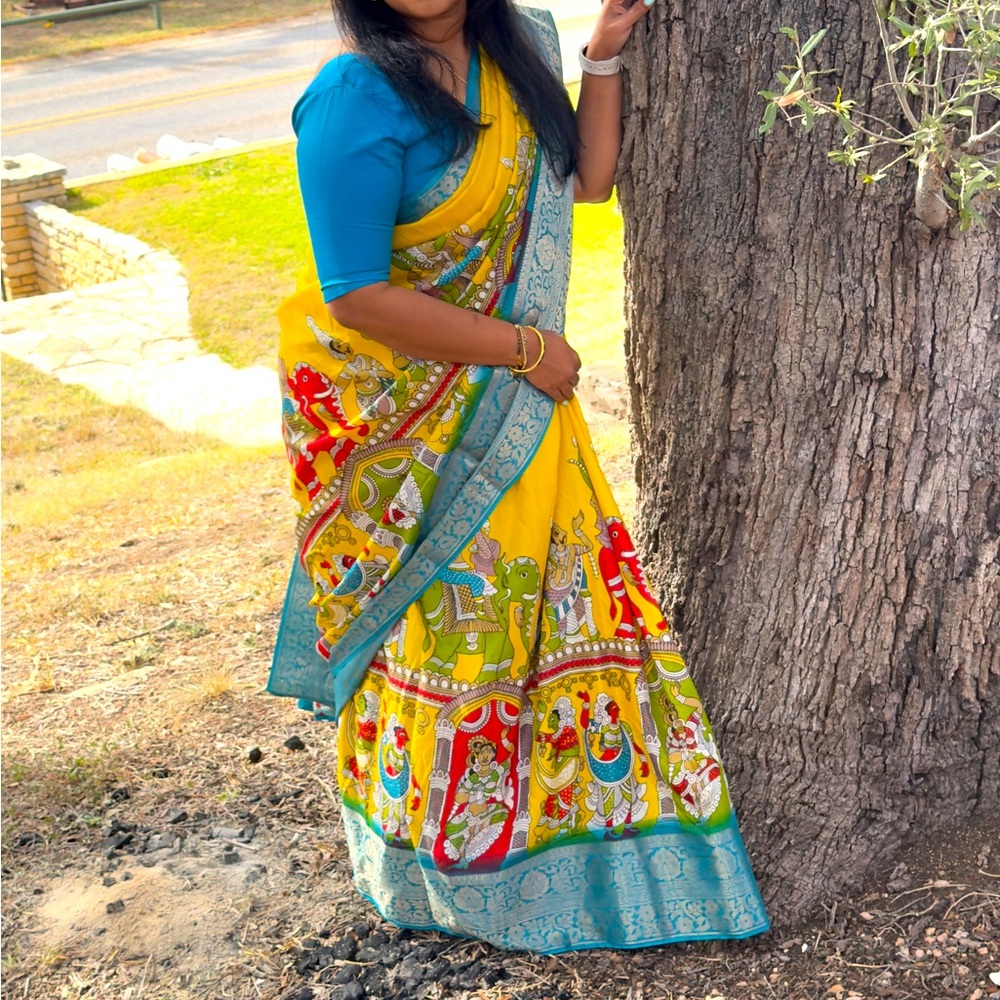 Saree Temple Ramayana Traditional Yellow  Saree  and blouse with Teal Border